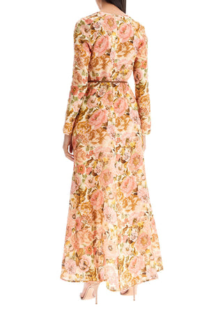 ZIMMERMANN Golden Floral Maxi Linen Dress with Plunge Neckline