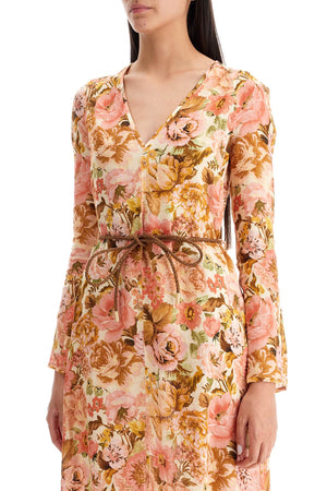 ZIMMERMANN Golden Floral Maxi Linen Dress with Plunge Neckline