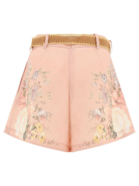 ZIMMERMANN High-Rise Linen Mini Shorts in Pink Floral