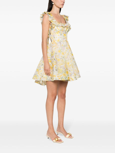 Floral Print Linen and Silk Blend Mini Dress - Yellow/Multicolour