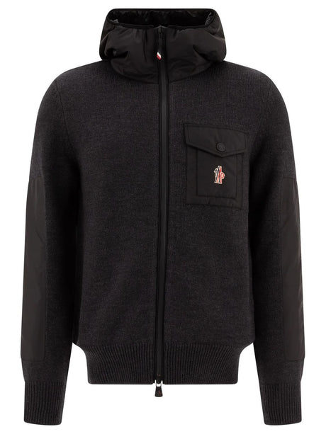 MONCLER Men's Functional Grey Wool Cardigan with Hood and Zipped Closure