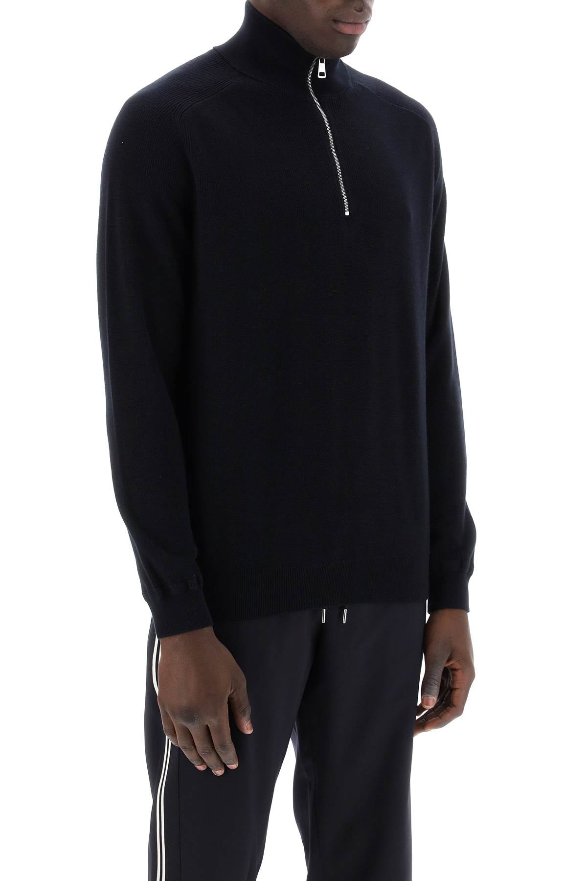 MONCLER Cotton and Cashmere Pullover with Funnel Neck and Half Zip for Men