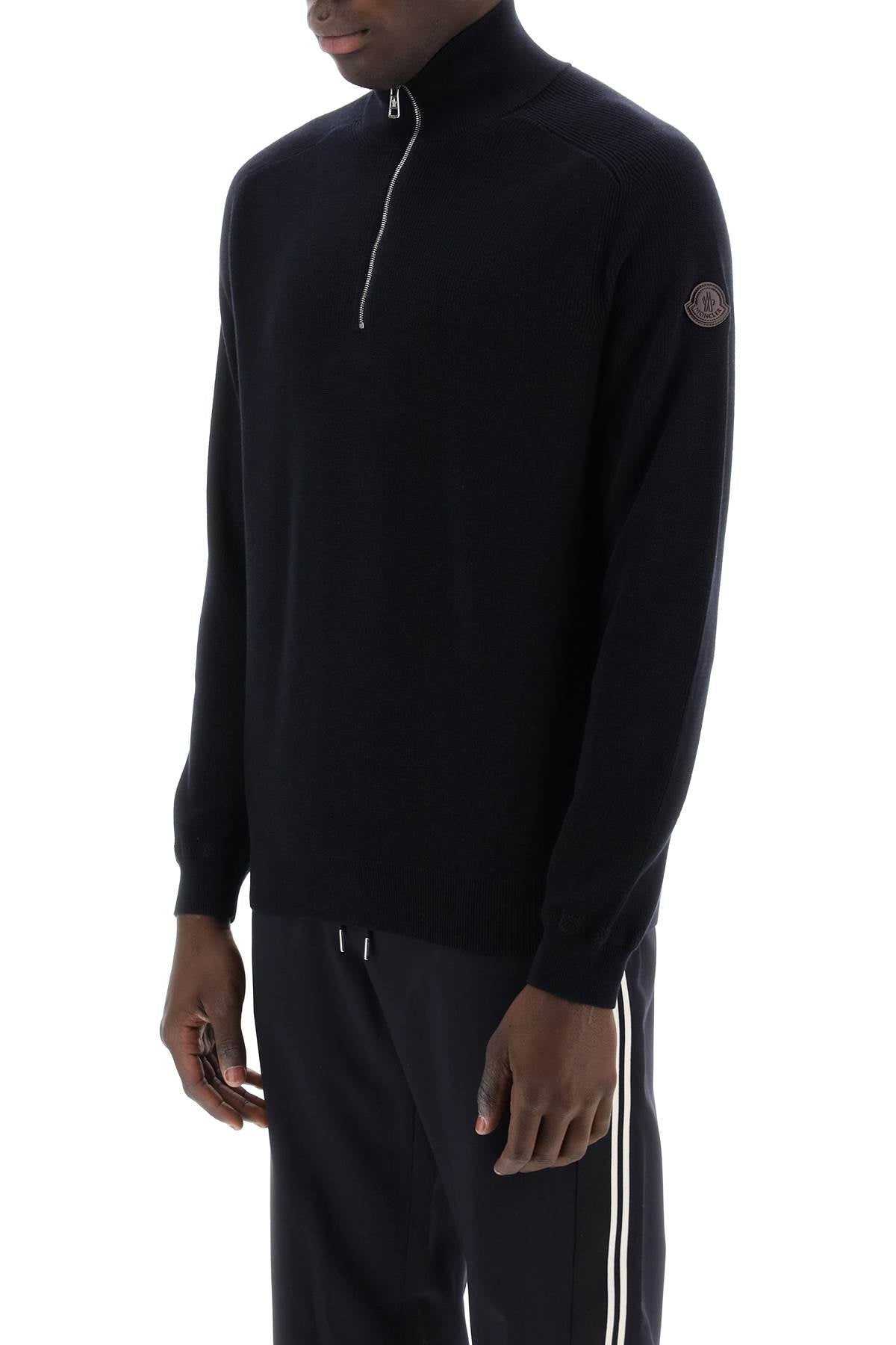 MONCLER Cotton and Cashmere Pullover with Funnel Neck and Half Zip for Men