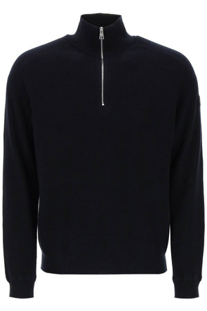 MONCLER Cotton and Cashmere Pullover with Funnel Neck and Half Zip for Men