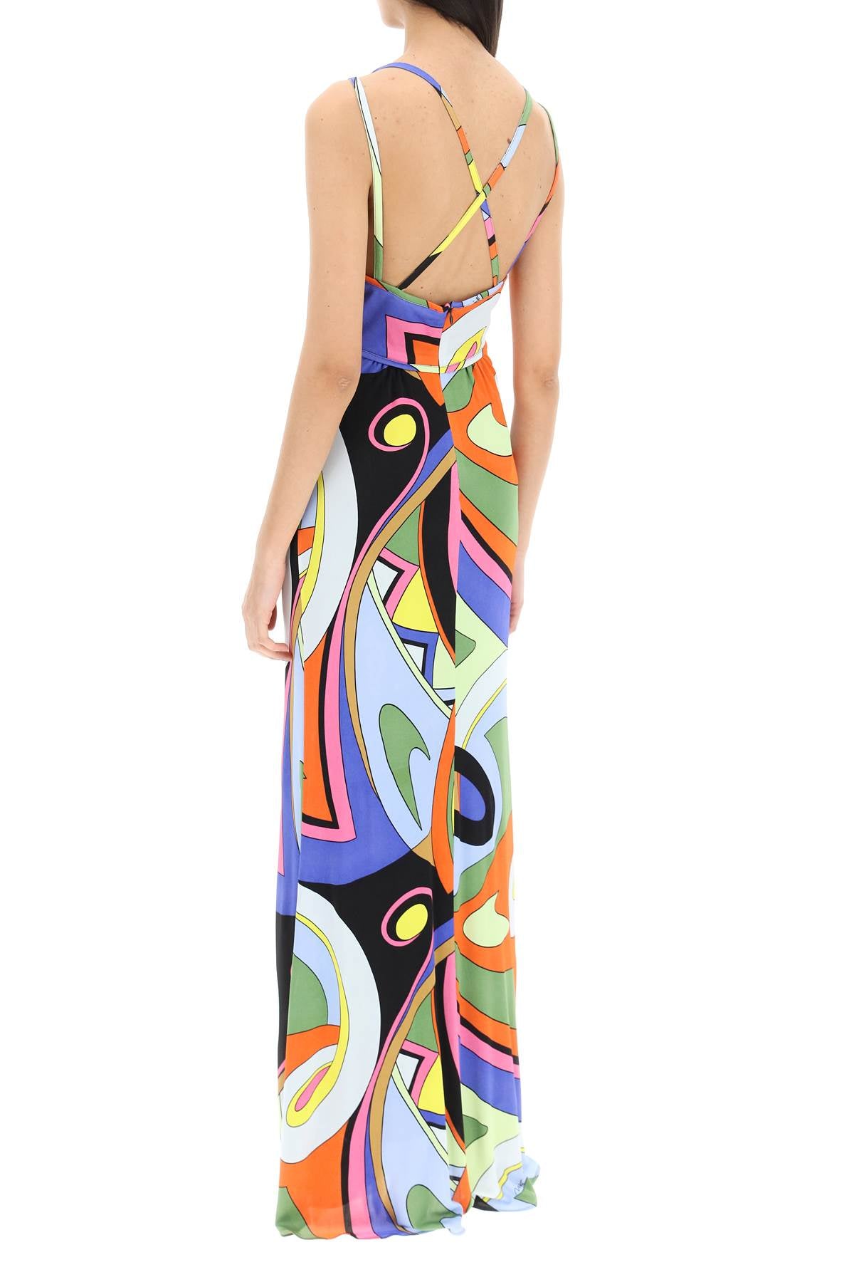 MOSCHINO COUTURE Multicolor Printed T-Shirt Maxi Dress, Waist Empire V Neck Women's SS23