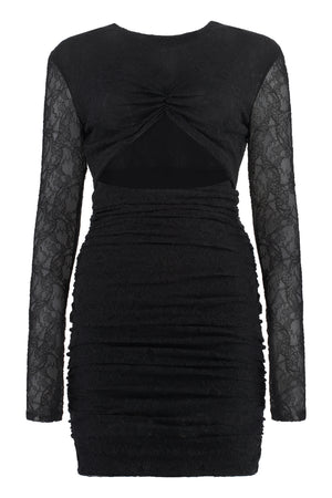 Stylish Black Lace Mini Dress for Women - Front Cut-Out Detail, Keyhole Button Fastening