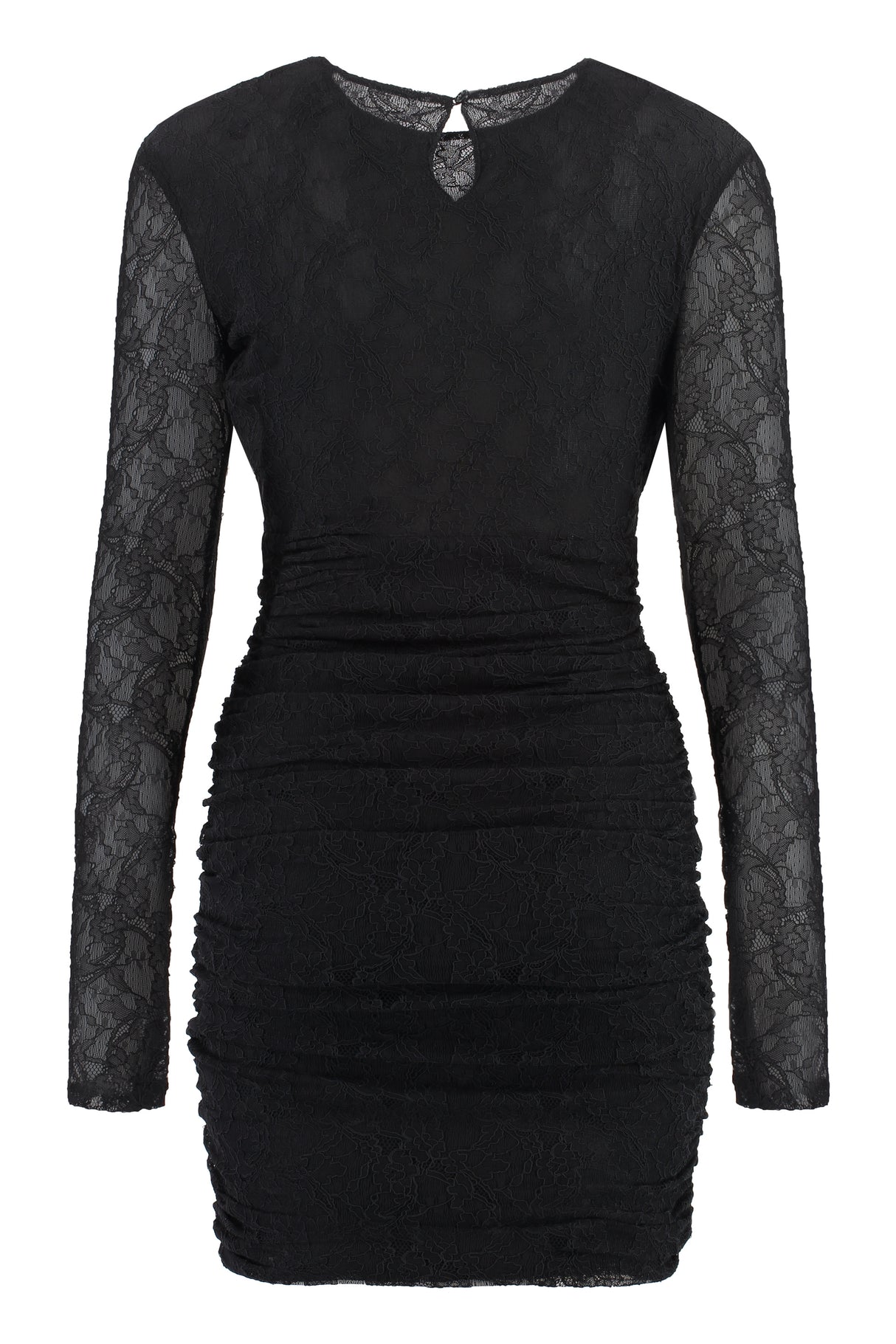 Stylish Black Lace Mini Dress for Women - Front Cut-Out Detail, Keyhole Button Fastening