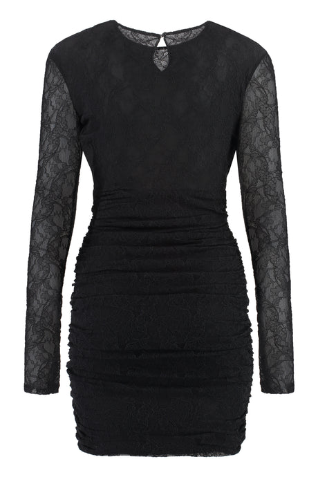 Stylish Black Lace Mini Dress for Women - Front Cut-Out Detail, Keyhole Button Fastening