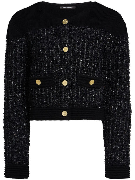 KARL LAGERFELD Chic Boucle Loop Cardigan with Golden Buttons