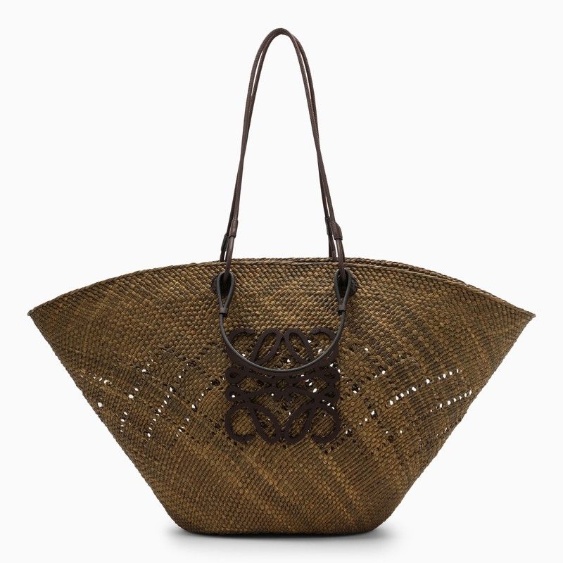 Ibiza Style Handbag with Olive Green Raffia and Brown Leather
