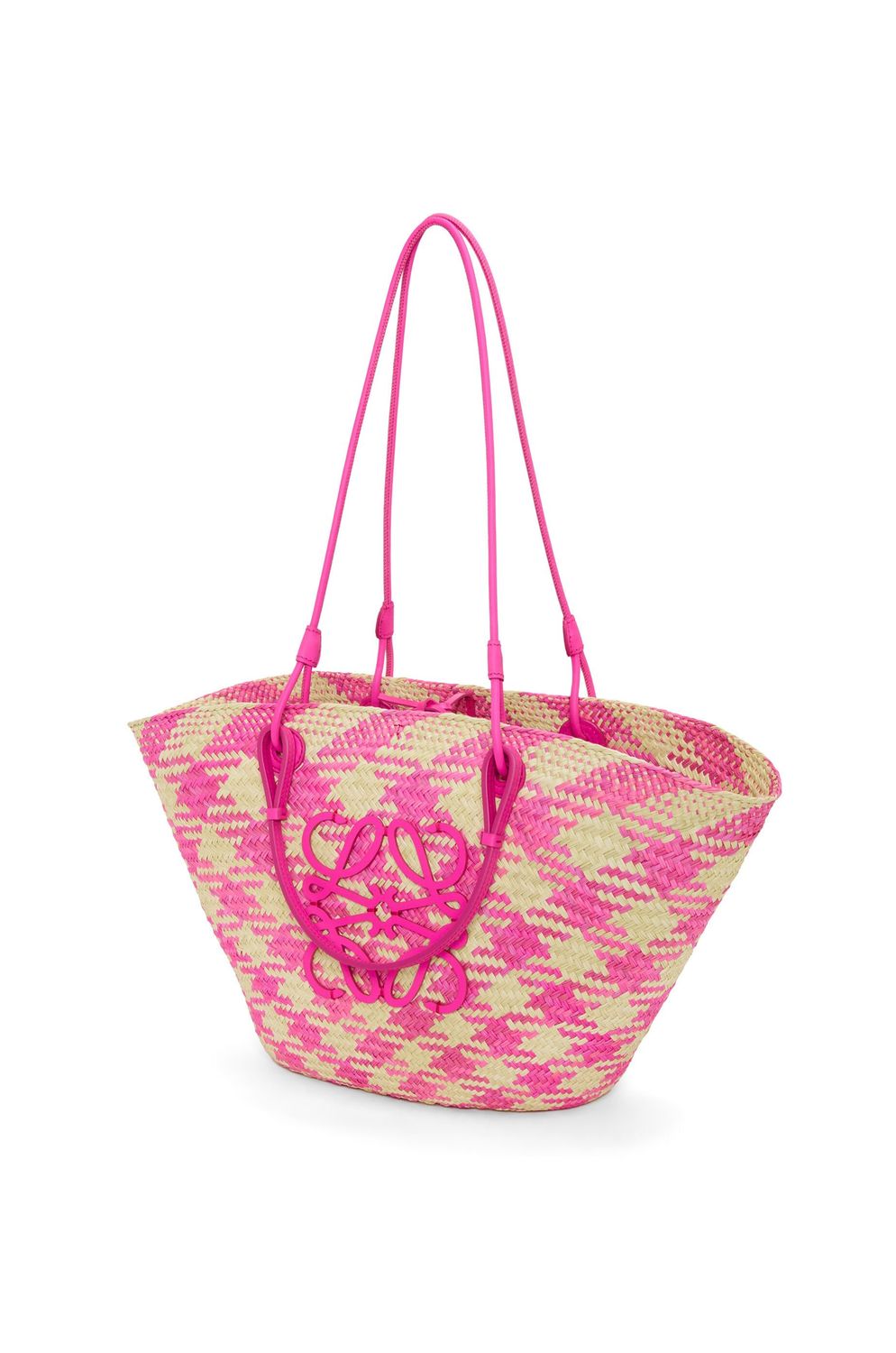 LOEWE Fuchsia Natural Medium Anagram Basket Handbag with Calfskin Detail