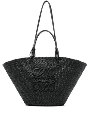 LOEWE Elegant Black Raffia Basket Handbag with Leather Trims - 24.5x46x16 cm