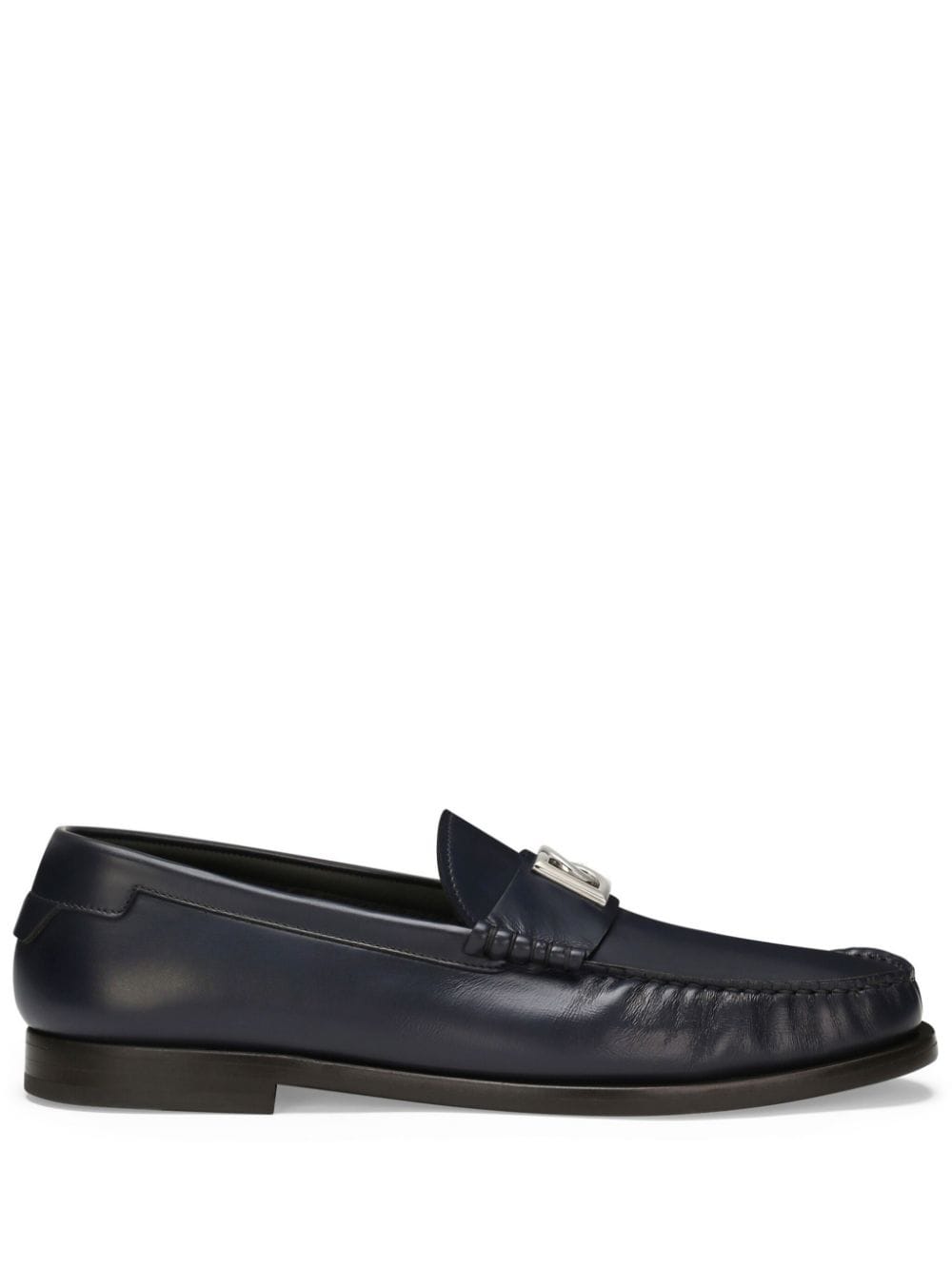 Navy Blue Leather Logo Plaque Loafers