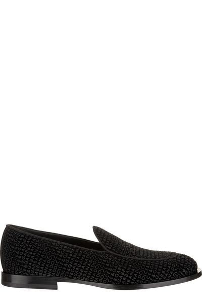 DOLCE & GABBANA Men's Black Velvet Loafers with All-Over Logo Detail