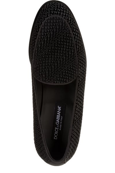 DOLCE & GABBANA Men's Black Velvet Loafers with All-Over Logo Detail