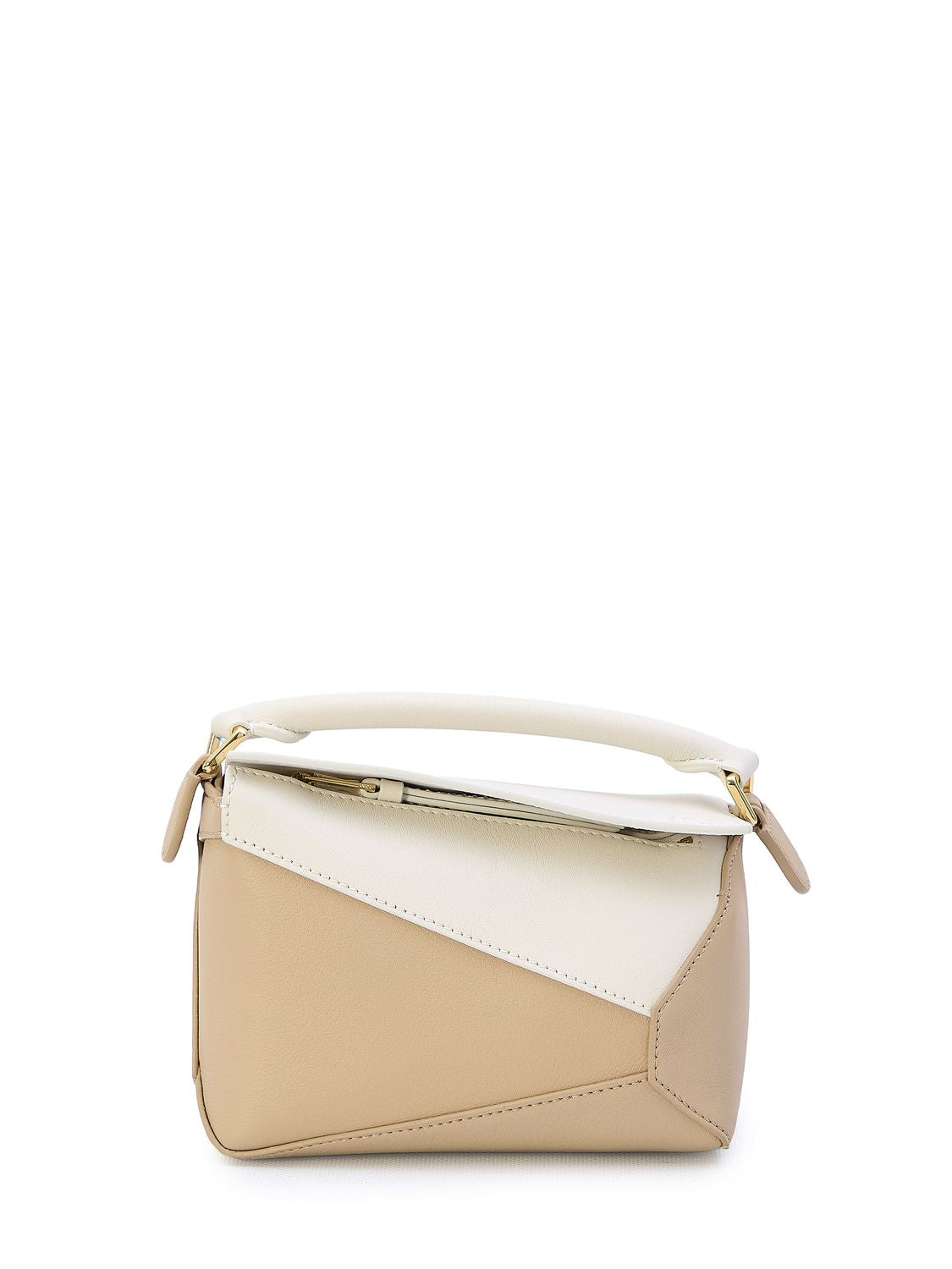 LOEWE Mini Puzzle Geometric Calfskin Handbag in White and Beige with Adjustable Strap 18x12.5x8cm