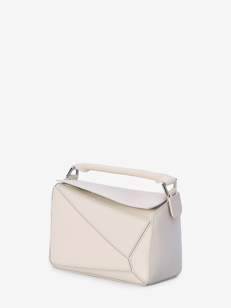 LOEWE Elegant Mini Puzzle Handbag in Off-White Satin Calfskin - 6.5x9.4x4.1 inches