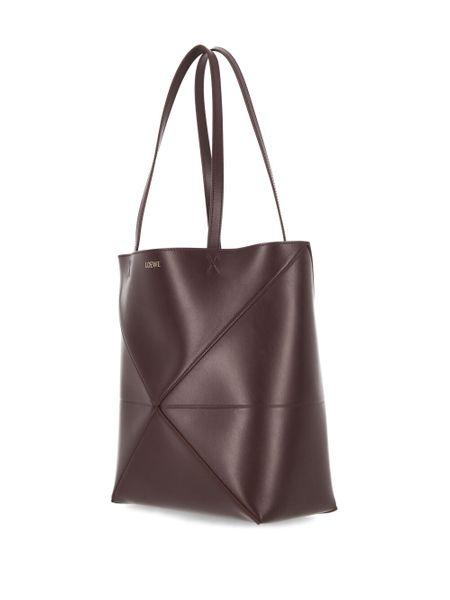 LOEWE Burgundy Calfskin Puzzle Fold Tote Handbag for Women