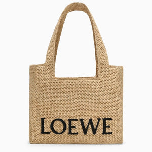 LOEWE Large Natural Raffia Tote Handbag with Adjustable Leather Strap and Silver Lettering Detail