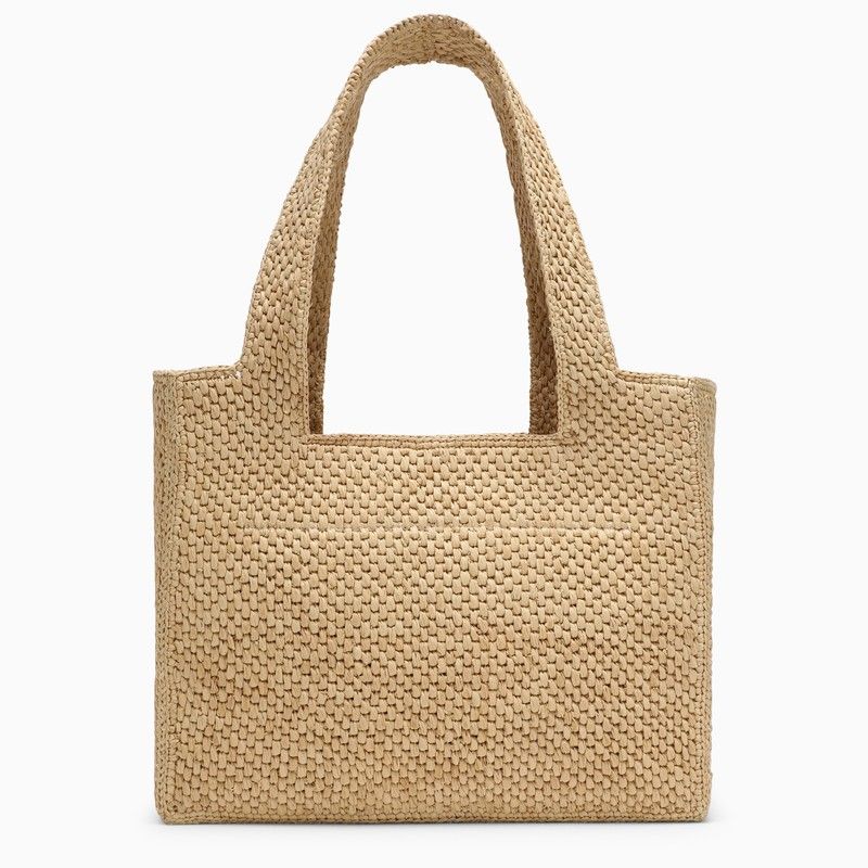 LOEWE Large Natural Raffia Tote Handbag with Adjustable Leather Strap and Silver Lettering Detail