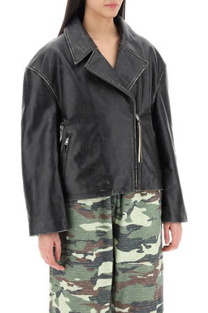 ACNE STUDIOS Distressed Leather Biker Jacket with Mirrored Lapels for Women