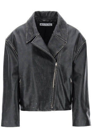 ACNE STUDIOS Distressed Leather Biker Jacket with Mirrored Lapels for Women