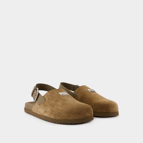 DOLCE & GABBANA Luxury Suede Leather Clogs with Signature Emblem