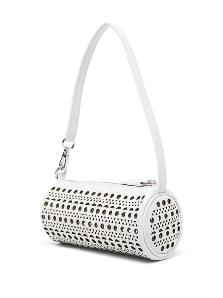 ALAIA Mini White Leather Tube Shoulder Bag with Vienne Laser-Cut Design