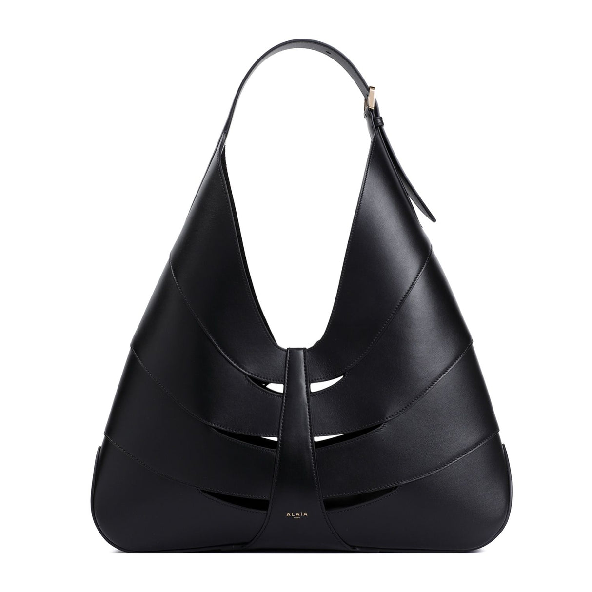 ALAIA Sleek Delta Hobo Shoulder Bag in Black Leather (W:17" H:8.7" D:3.1")