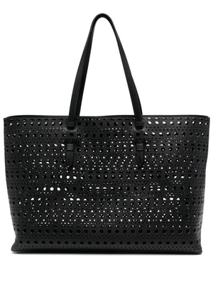 ALAIA Laser Cut Black Leather Tote Handbag for Women with Silver Detailing