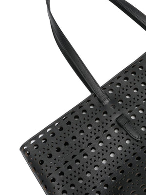 ALAIA Laser Cut Black Leather Tote Handbag for Women with Silver Detailing