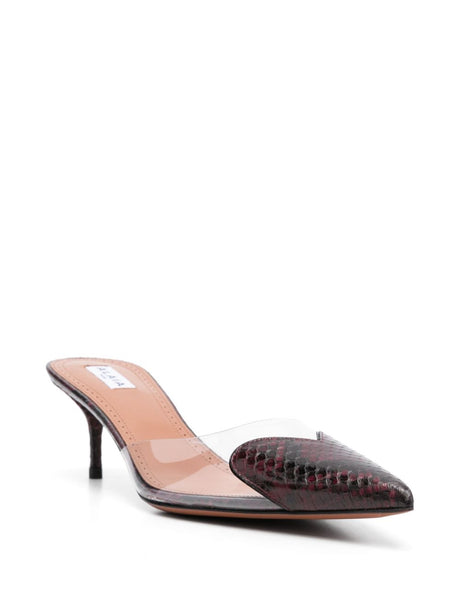 ALAIA Maroon Snake-Effect Leather Pumps with Transparent Heart Motif