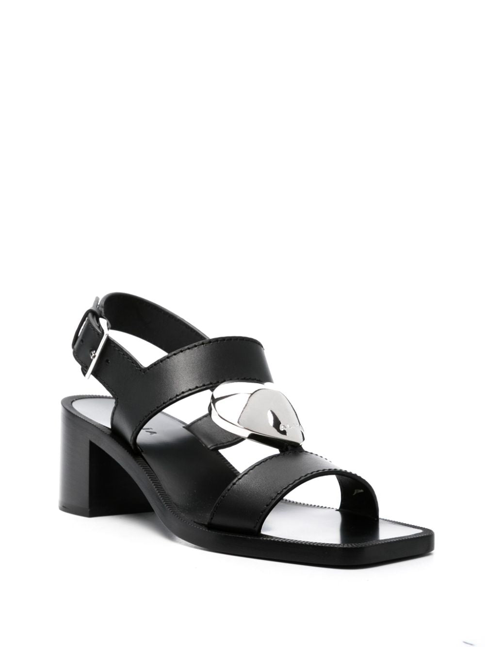 Black Leather Heart Charm Sandals for Women