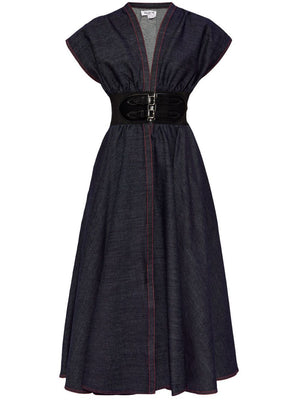 ALAIA BELTED DRESS IN STRETCH RAW DENIM