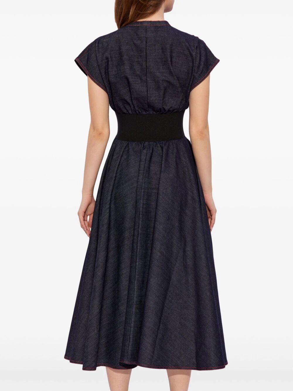 ALAIA BELTED DRESS IN STRETCH RAW DENIM