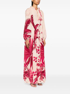 Floral Print Silk Long Dress with Puff Sleeves and Tie Neck for Women