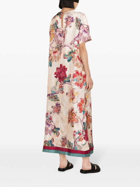 فستان طويل حريري بطباعة زهرية باللون الزهري للنساء - مجموعة ربيع صيف 2024
