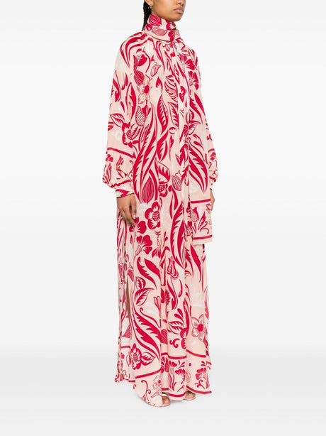 Floral Printed Long Dress with Detachable Scarf and Band Collar