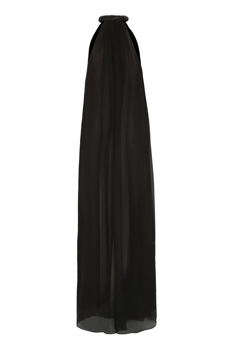 فستان حريري أسود أنيق طويل للنساء