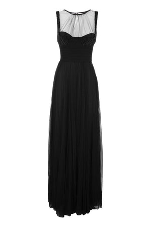 Elegant Black Dress with Velvet Embroidered Bodice and Tulle Skirt