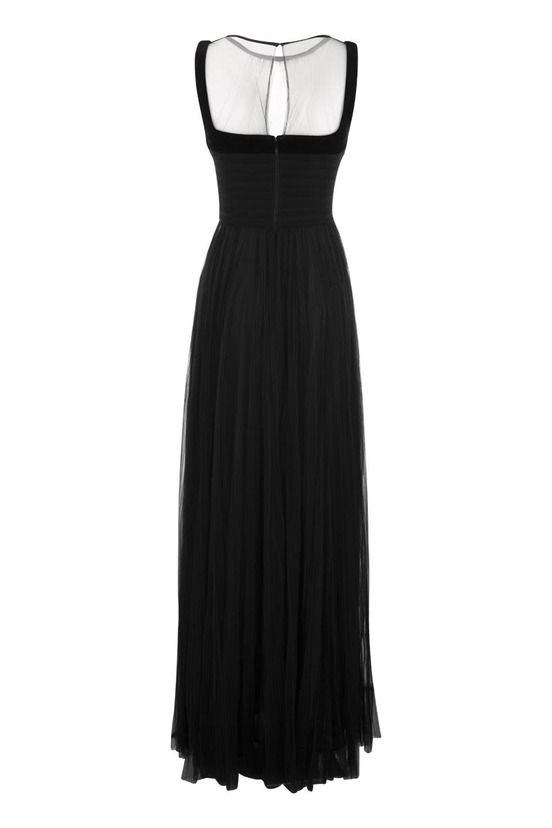 Elegant Black Dress with Velvet Embroidered Bodice and Tulle Skirt