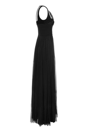 Elegant Black Dress with Velvet Embroidered Bodice and Tulle Skirt