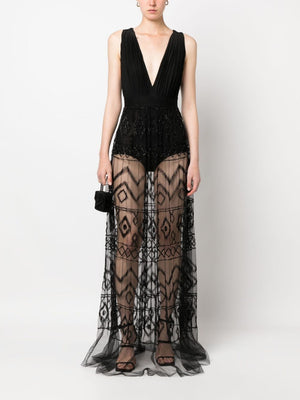 Sheer Rhombus-Embroidered Plunge-Neck Tulle Long Dress - Black