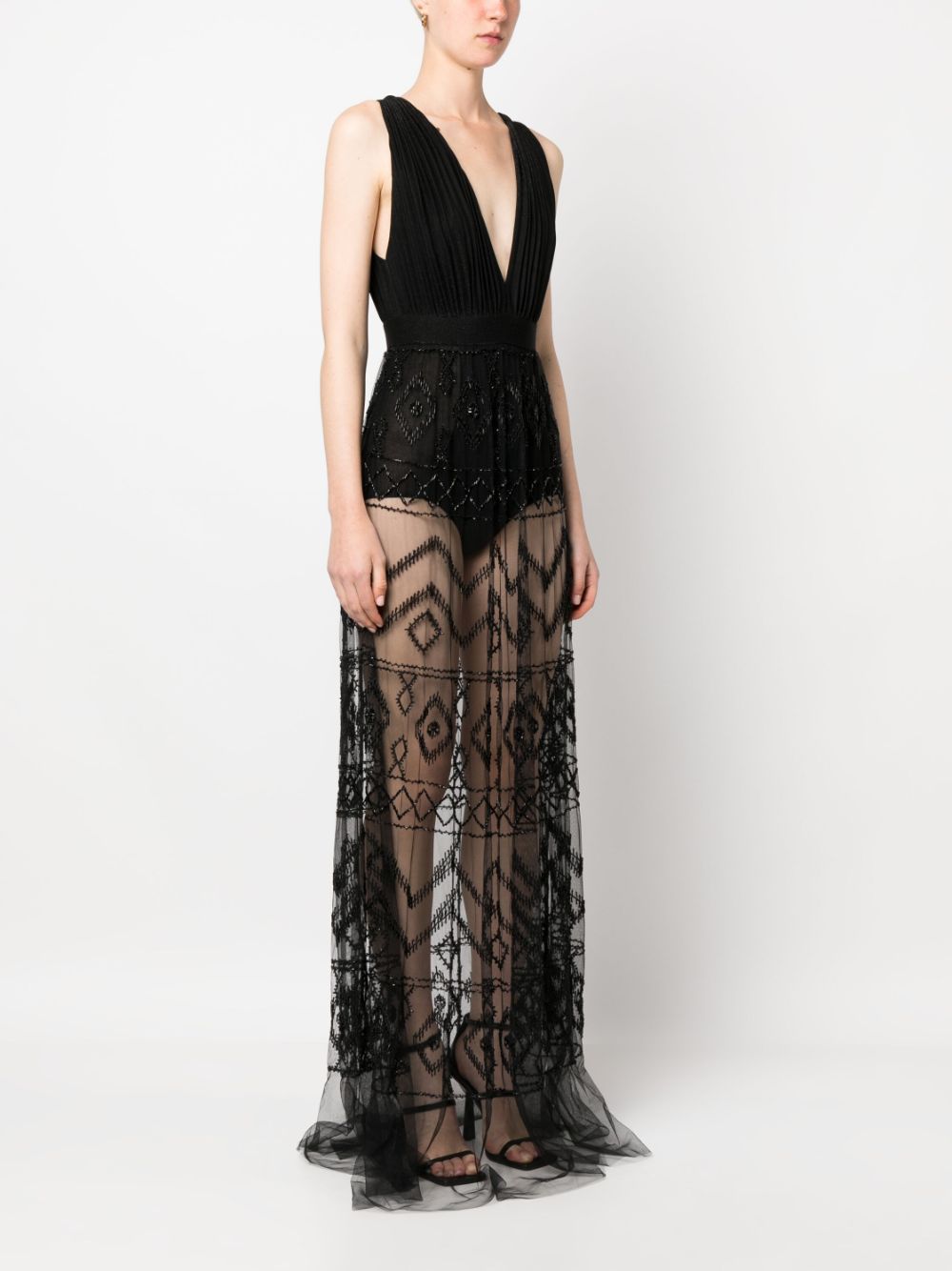 Sheer Rhombus-Embroidered Plunge-Neck Tulle Long Dress - Black
