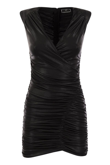 ELISABETTA FRANCHI Metallic T-Shirt Mini Dress with Structured Shoulders - Black