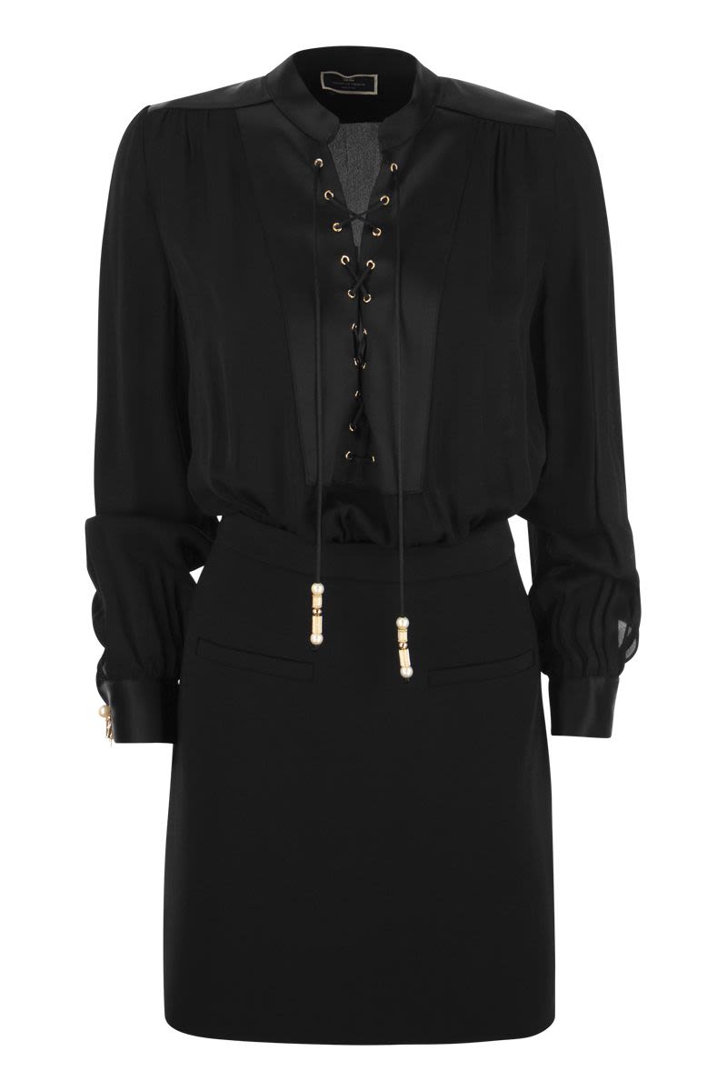 ELISABETTA FRANCHI Black Georgette Mini-Dress with Viscose Crepe Skirt