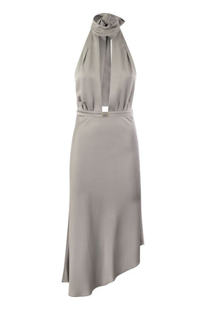 ELISABETTA FRANCHI Satin Crepe Midi Dress with Asymmetric Flared Bottom Skirt