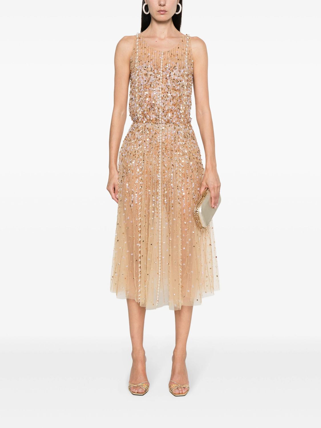 ELISABETTA FRANCHI Sparkling Sequin Midi Dress in Blush Beige