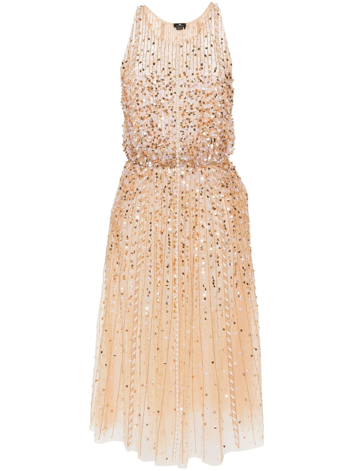 ELISABETTA FRANCHI Sparkling Sequin Midi Dress in Blush Beige