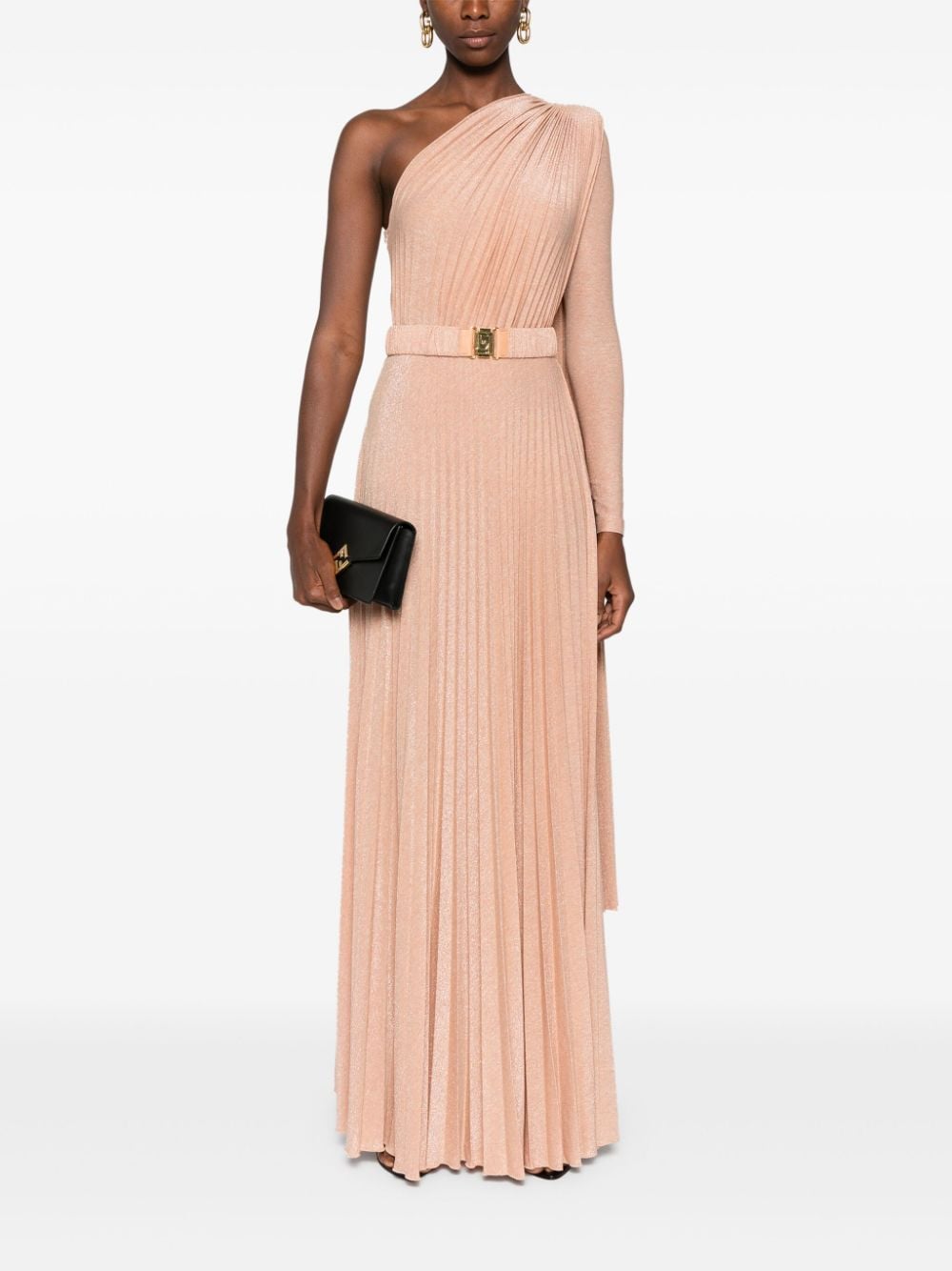 ELISABETTA FRANCHI One-Shoulder Blush Beige Dress with Draped Detailing